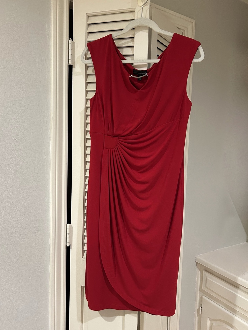 Red Sleeveless Draped Midi Dress with chain accent.